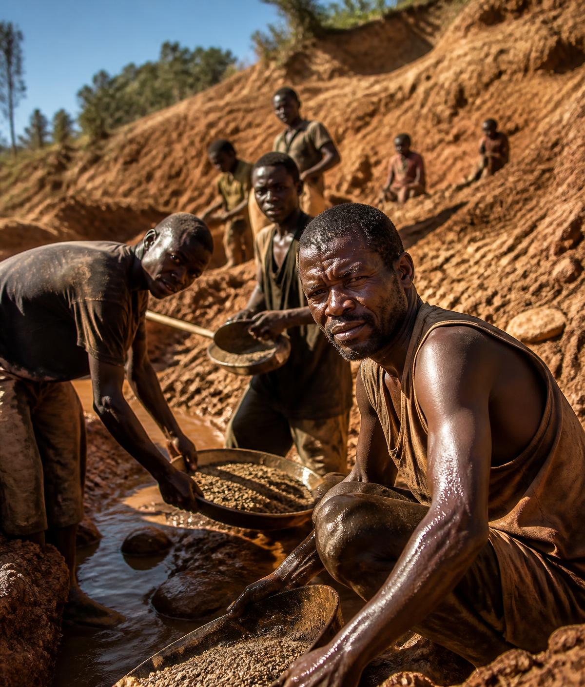 Community gold miners panning for gold at an African mining site