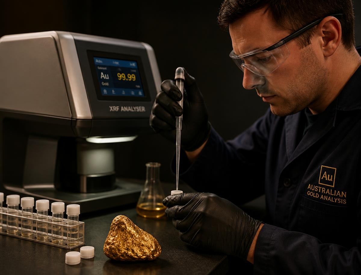 Technician performing an assay test on a gold sample in a laboratory
