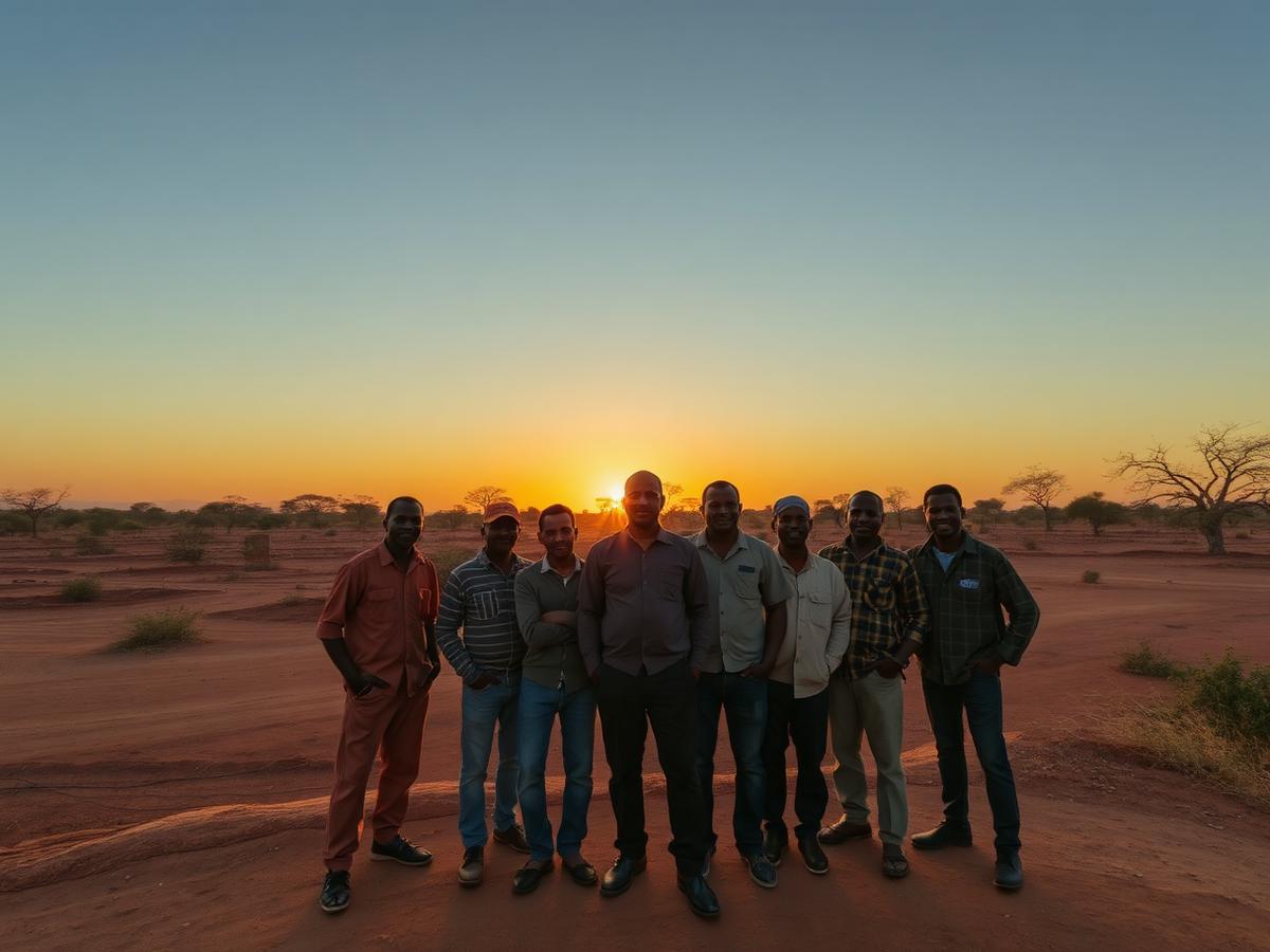 Local mine workers standing together at a rural African mining site at sunset