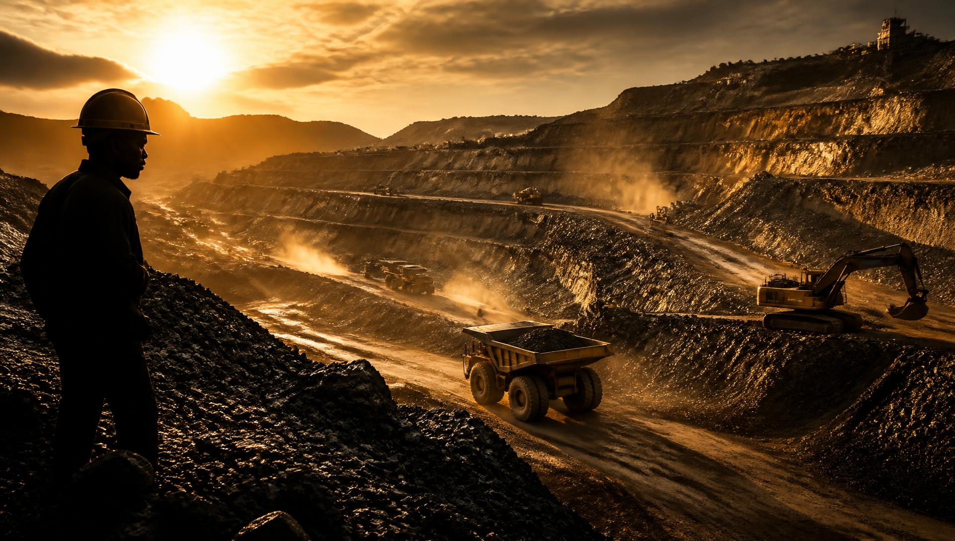 Open-pit gold mine in Africa at golden hour with a miner overlooking the terraces
